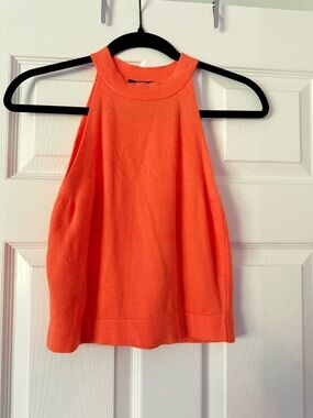 Sleeveless High Neck Knit Tank Top in Bright Coral